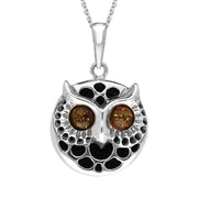 Sterling Silver Whitby Jet Amber Round Owl Face Necklace P3330