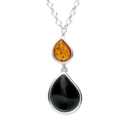 Sterling Silver Whitby Jet Amber Two Stone Pear Drop Necklace, N984.