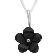 Sterling Silver Whitby Jet Carved 5 Petal Flower Necklace. P1784