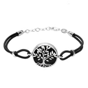 ԪøSterling Silver Whitby Jet Cord Round Large Leaves Tree of Life Bracelet B1141