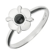 Sterling Silver Whitby Jet Four Petal Round Ring R741