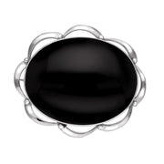 Sterling Silver Whitby Jet Framed Frill Edge Oval Brooch. M189.