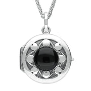Sterling Silver Whitby Jet Heart Edge Circular Locket, P2607.