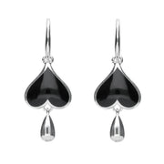 Sterling Silver Whitby Jet Heart Teardrop Hook Earrings. E2018.