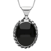 Sterling Silver Whitby Jet Large Oval Rope Edge Necklace, P131.