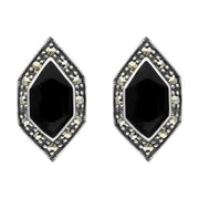 Sterling Silver Whitby Jet Marcasite Abstract Marqusie Stud Earrings, E1695. 