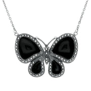 Sterling Silver Whitby Jet Marcasite Butterfly Necklace. N992.