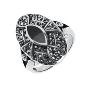 Sterling Silver Whitby Jet & Marcasite Decorative Shield Ring. R533