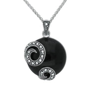 Sterling Silver Whitby Jet Marcasite Double Spiral Round Necklace. P2117.