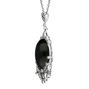 Sterling Silver Whitby Jet Marcasite Edge Oval Flower Large Necklace, P2212
