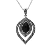 Sterling Silver Whitby Jet Marcasite Fancy Pear Necklace, P2979.