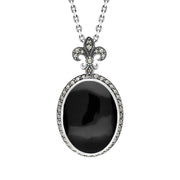 Sterling Silver Whitby Jet Marcasite Fleur De Lis Topped Oval Necklace, P2215