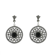 Sterling Silver Whitby Jet Marcasite Open Circle Round Drop Earrings. E1788.