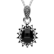 Sterling Silver Whitby Jet Marcasite Oval Bead Edge Necklace P2134
