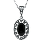 Sterling Silver Whitby Jet Marcasite Oval Necklace. P1323.