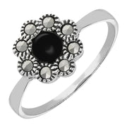 Sterling Silver Whitby Jet Marcasite Round Beaded Edge Ring, R806.