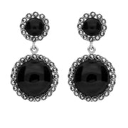 Sterling Silver Whitby Jet & Marcasite Round Double Drop Earrings. E1641