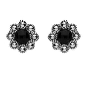 Sterling Silver Whitby Jet Marcasite Round Edge Bead Stud Earrings E1635