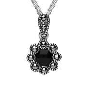 Sterling Silver Whitby Jet Marcasite Rounded Bead Edge Necklace, P2311.