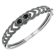 Sterling Silver Whitby Jet & Marcasite Two Stone Pear Bangle. B881