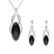 Sterling Silver Whitby Jet Marquise Celtic Twist Two Piece Set