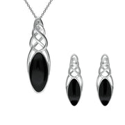 Sterling Silver Whitby Jet Marquise Pierced Long Two Piece Set, S054.
