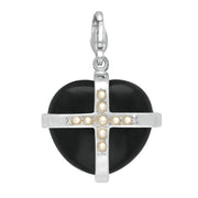 Sterling Silver Whitby Jet Nine Pearl Large Cross Heart Charm G769