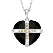 Sterling Silver Whitby Jet Nine Pearl Large Cross Heart Necklace P2156