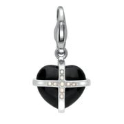 Sterling Silver Whitby Jet Nine Pearl Small Cross Heart Charm. G767.
