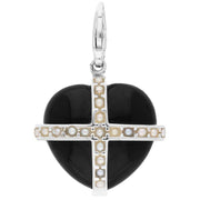 Sterling Silver Whitby Jet Nineteen Pearl Large Cross Heart Charm G772