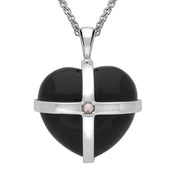 Sterling Silver Whitby Jet One Pearl Large Cross Heart Necklace. P2157.