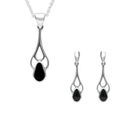 Sterling Silver Whitby Jet Pear Shaped Spoon Necklace and Earring Set S050