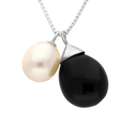 Sterling Silver Whitby Jet Pearl Double Drop Necklace. N918.
