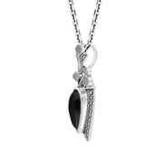 Sterling Silver Whitby Jet Marcasite Moonstone Upside Down Pear Necklace, P2214.