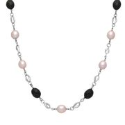 Sterling Silver Whitby Jet Pearl Oval Beaded Necklace. N880.
