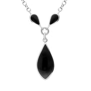 Sterling Silver Whitby Jet Three Stone Pear Necklace. N240.