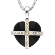 Sterling Silver Whitby Jet Seventeen Pearl Small Cross Heart Necklace P2161