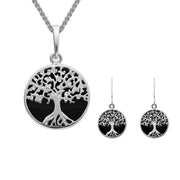Sterling Silver Whitby Jet Small Round Tree of Life Two Piece Set