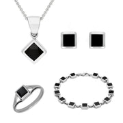 Sterling Silver Whitby Jet Square Four Piece Set