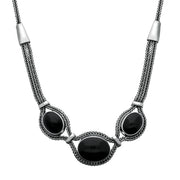 Sterling Silver Whitby Jet Three Stone Oval Foxtail Necklace, N971.
