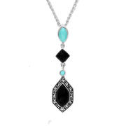 Sterling Silver Whitby Jet Turquoise and Marcasite Framed Necklace P2211