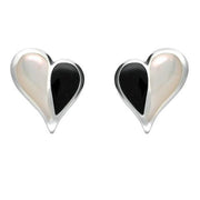 Sterling Silver Whitby Jet Mother of Pearl Split Heart Stud Earrings. E364.