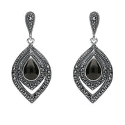 Sterling Silver Whitby Jet and Marcasite Fancy Pear Drop Two Piece Set