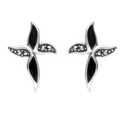 Sterling Silver Whitby Jet and Marcasite Wavy Cross Stud Earrings. E881
