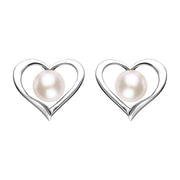 Sterling Silver White Pearl Open Heart Stud Earrings, E2073.
