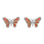 Sterling Silver White Sapphire Red Enamel House Style Butterfly Stud Earrings E2217