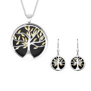 Sterling Silver Yellow Gold Plated Whitby Jet Large Round Tree of Life Two Piece Set