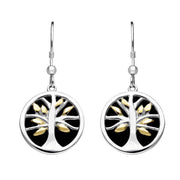 Sterling Silver Yellow Gold Plate Whitby Jet Round Tree of Life Drop Earrings E2485