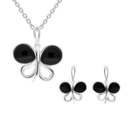 Sterling Silver Whitby Jet Two Stone Butterfly Two Piece Set