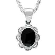 00044492 C W Sellors Sterling Silver Whitby Jet Rope Oval Frill Necklace, P007